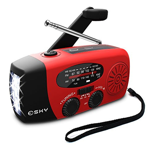Crank Radio, Esky 3 LED Flashlight Emergency Radio 1000mAh Power Bank USB Charger, Weather Radio with NOAA/AM/FM, Solar Hand Crank Radio Wind Up Flashlight(Red)